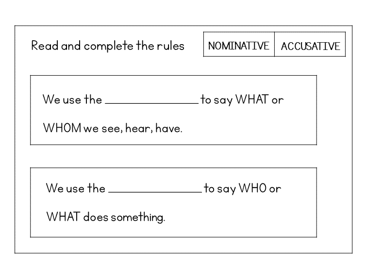 Serbian grammar exercise asking learners to complete definitions by choosing nominative or accusative.
