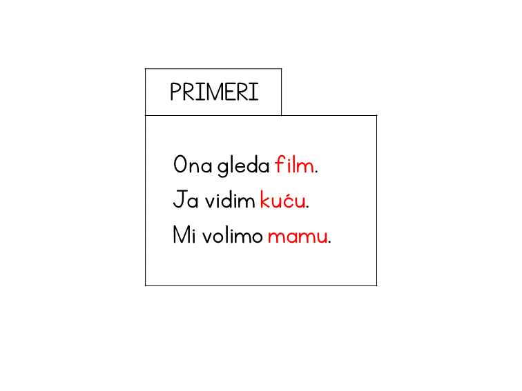 Serbian accusative examples: Mama gleda film, Jana ide u kuću, and Mi volimo mamu.